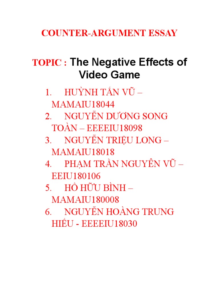 The Negative Effects of Video Game CounterArgument Essay Topic PDF