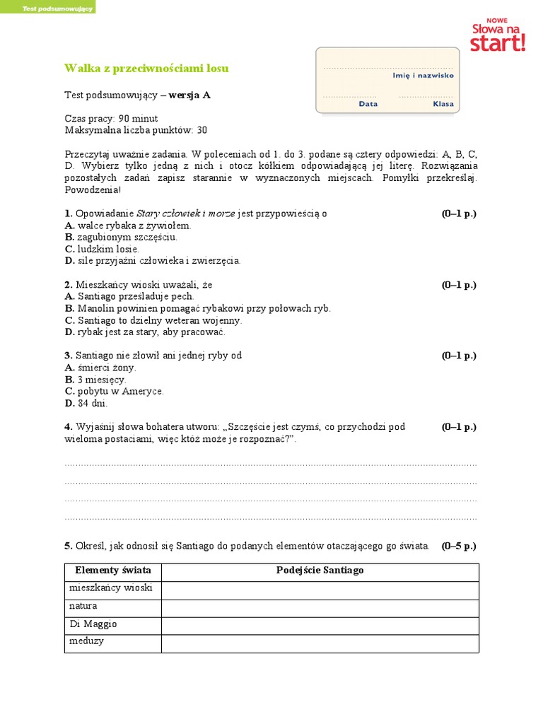 Stary Czlowiek I Morze Quizy Stary Czlowiek I Morze Lektura Uzupelniajaca Test Podsumowujacy Wersja