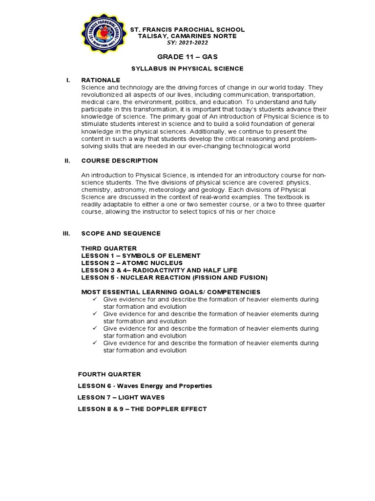 Syllabus in Physical Science Gas 11 | PDF | Science | Chemical Elements