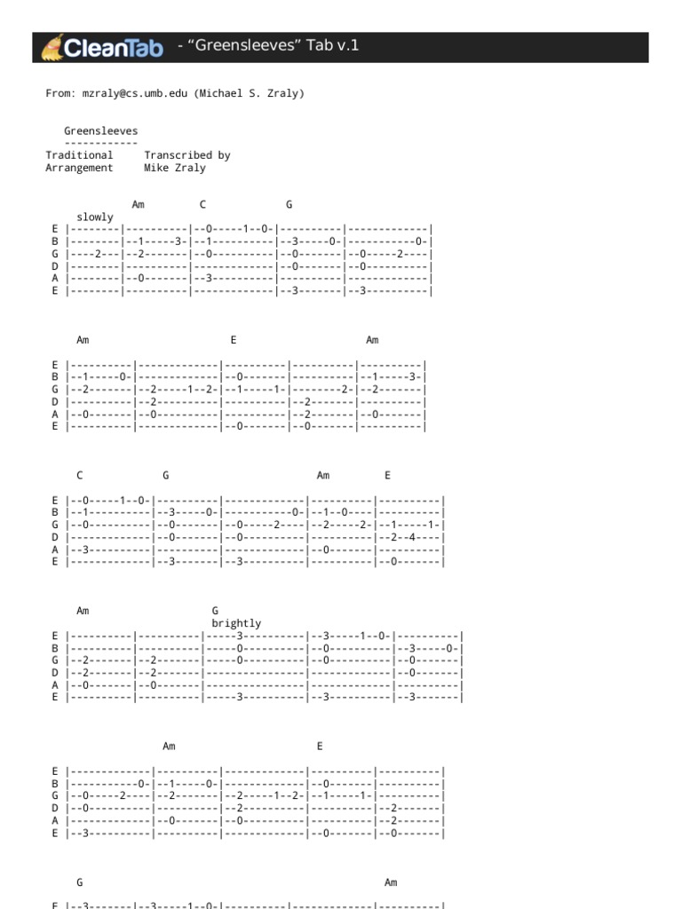 Green Sleeves Guitar Tab PDF Folk Songs