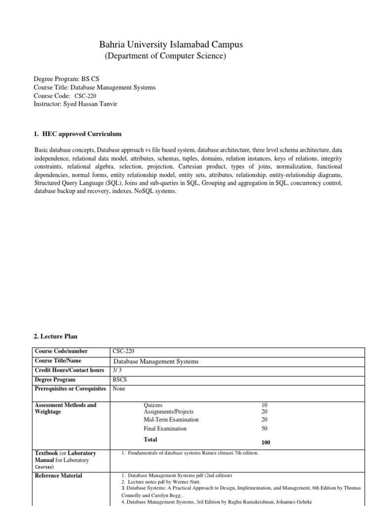 BS CS Database Management Systems Outline | PDF | Databases | Sql