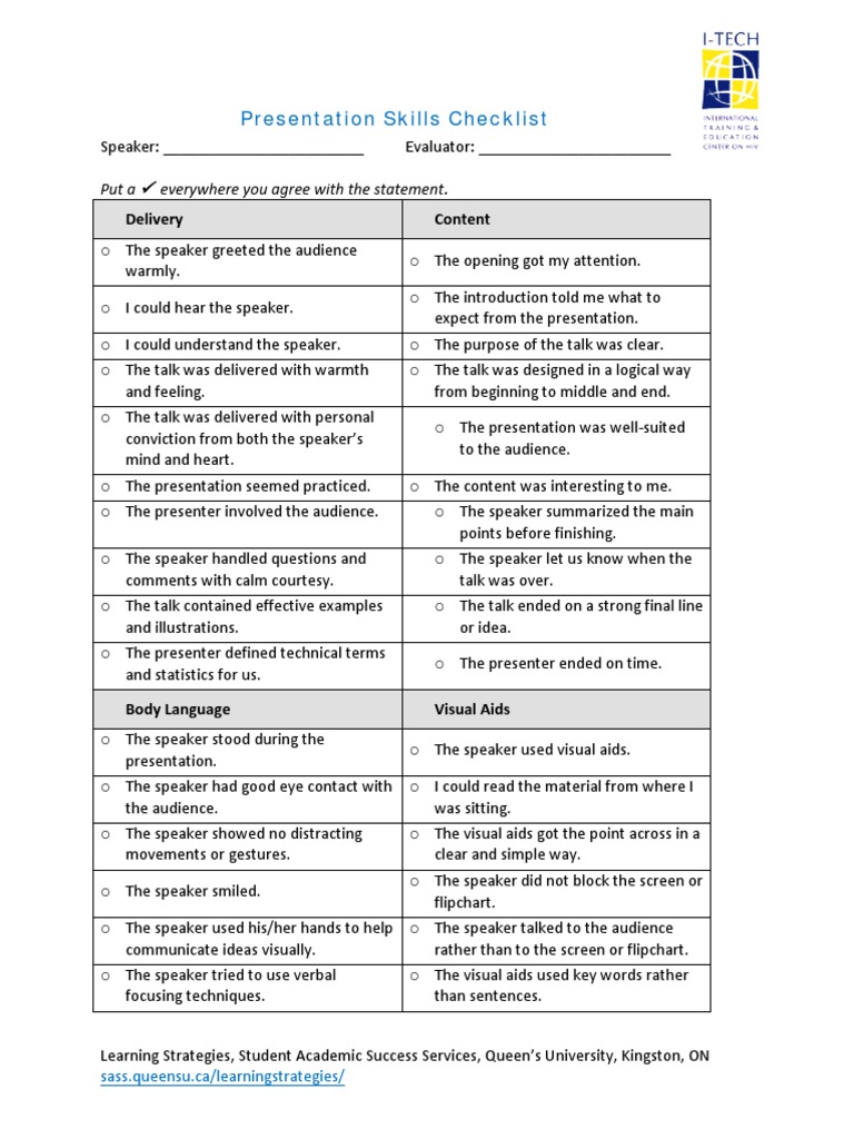 Presentation Skills Evaluation Checklist | PDF | Body Language | Human ...