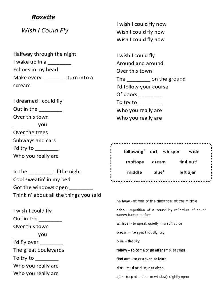 I Wish I Could Fly Song by Roxette Activities With Music Songs Nursery Rhymes 14096 PDF