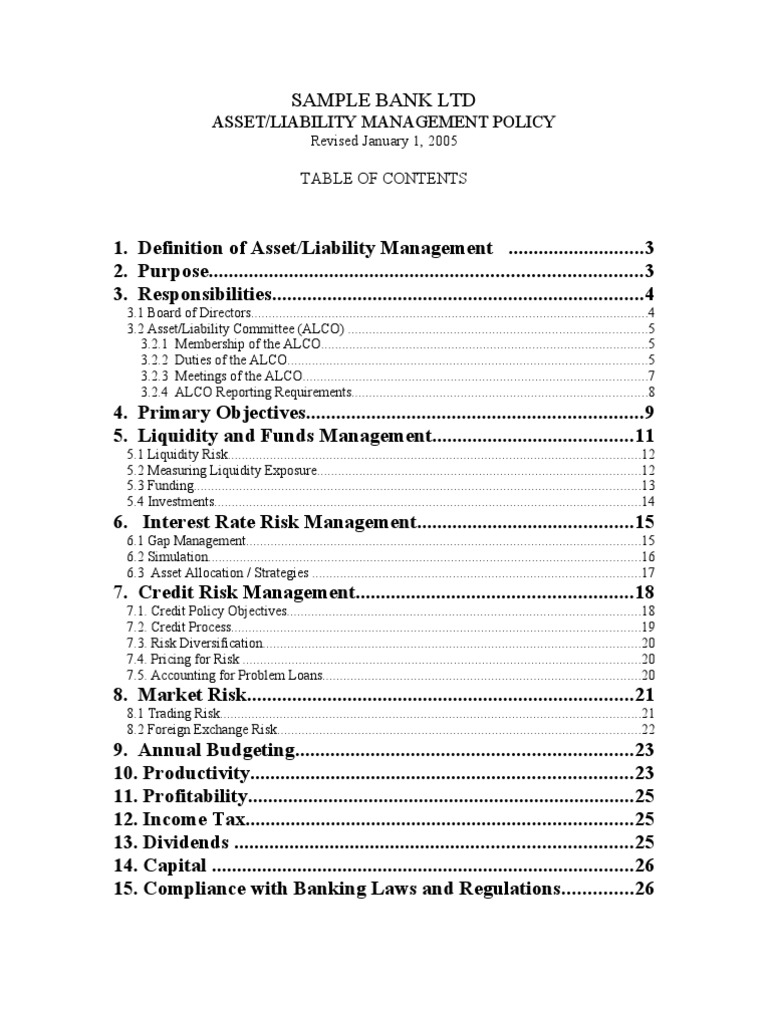 Sample Asset Liability Management Policy Market Liquidity Banks