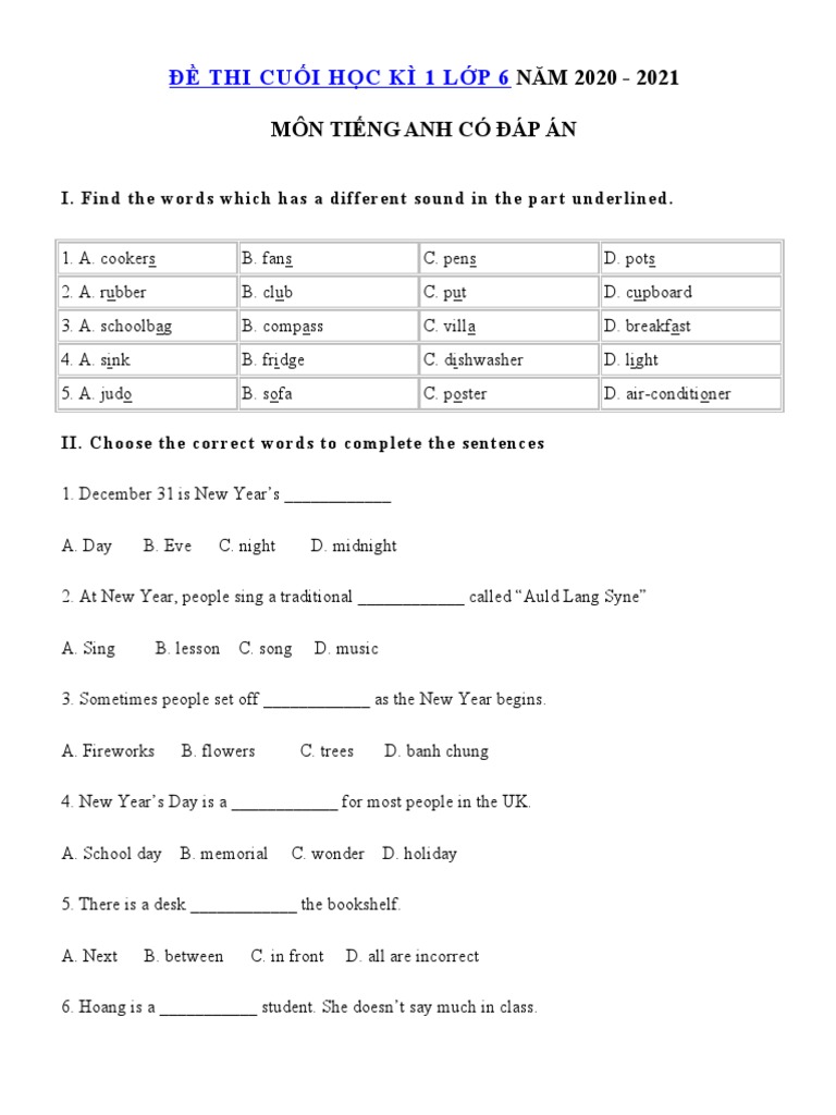 De Thi Tieng Anh Lop 6 Hoc Ki 1 Nam 2020 2021 So 2 | PDF