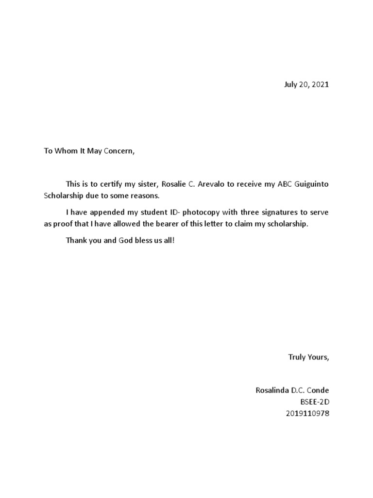 Authorization Letter for Scholarship Claim | PDF