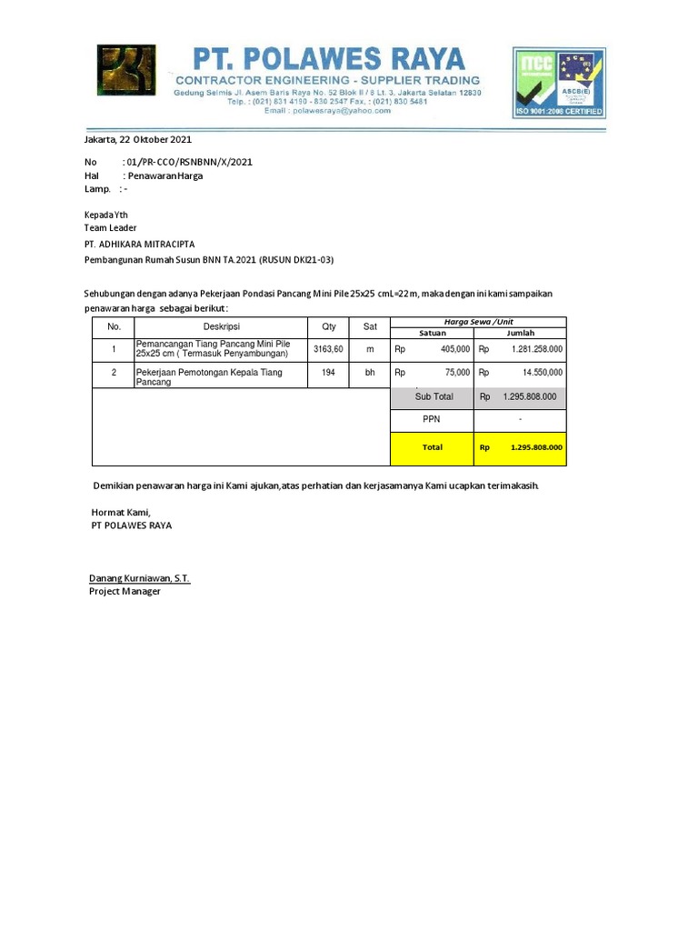 Penawaran Harga Tiang Pancang PT Polawes Raya | PDF