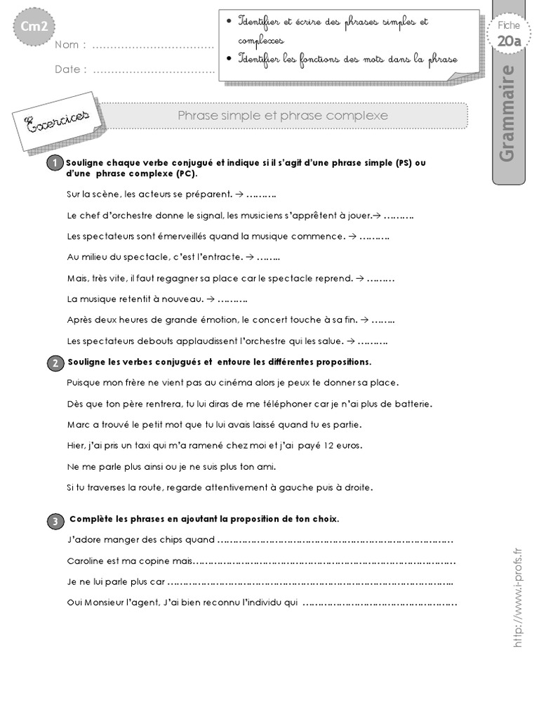 Exercice Les Types De Phrases Cm2 cm2 Exercices Phrase Complexe | PDF | Phrase | Verbe
