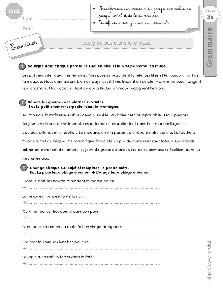 évaluation Groupe Nominal Cm2 Pdf cm2 Exercices Groupes Phrase | PDF | Phrase