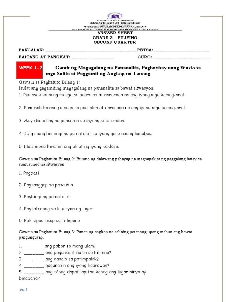Filipino 3 Answer Sheet Q2 | PDF