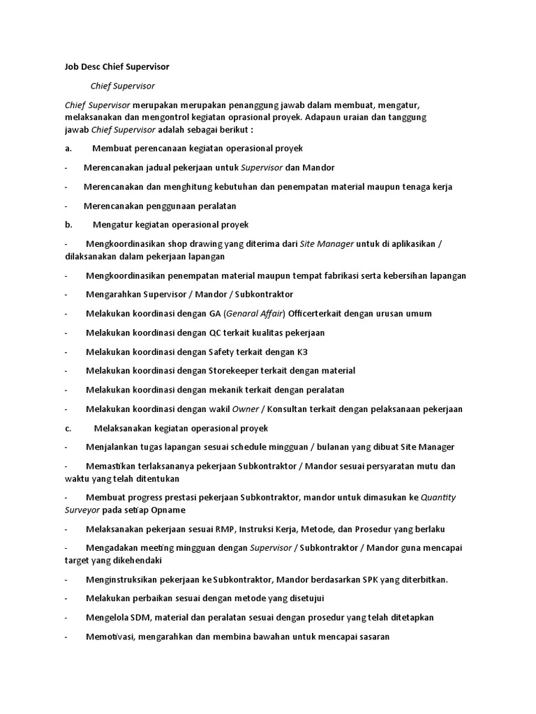 Tugas dan Tanggung Jawab Chief Supervisor | PDF