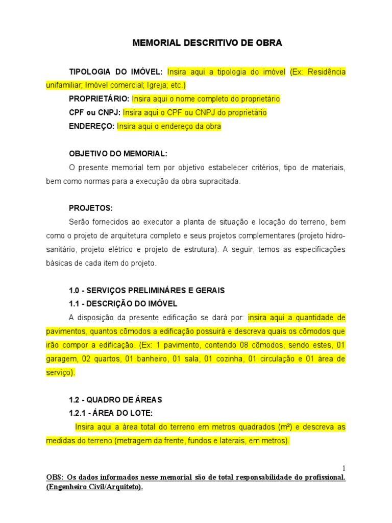 Memorial Descritivo de Obra | PDF | Construção | Setor imobiliário