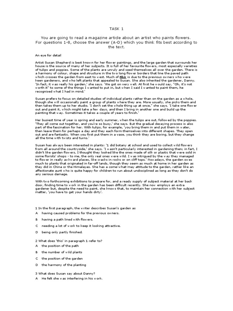 Task 1 You are going to read a magazine article about an artist who paints flowers. For