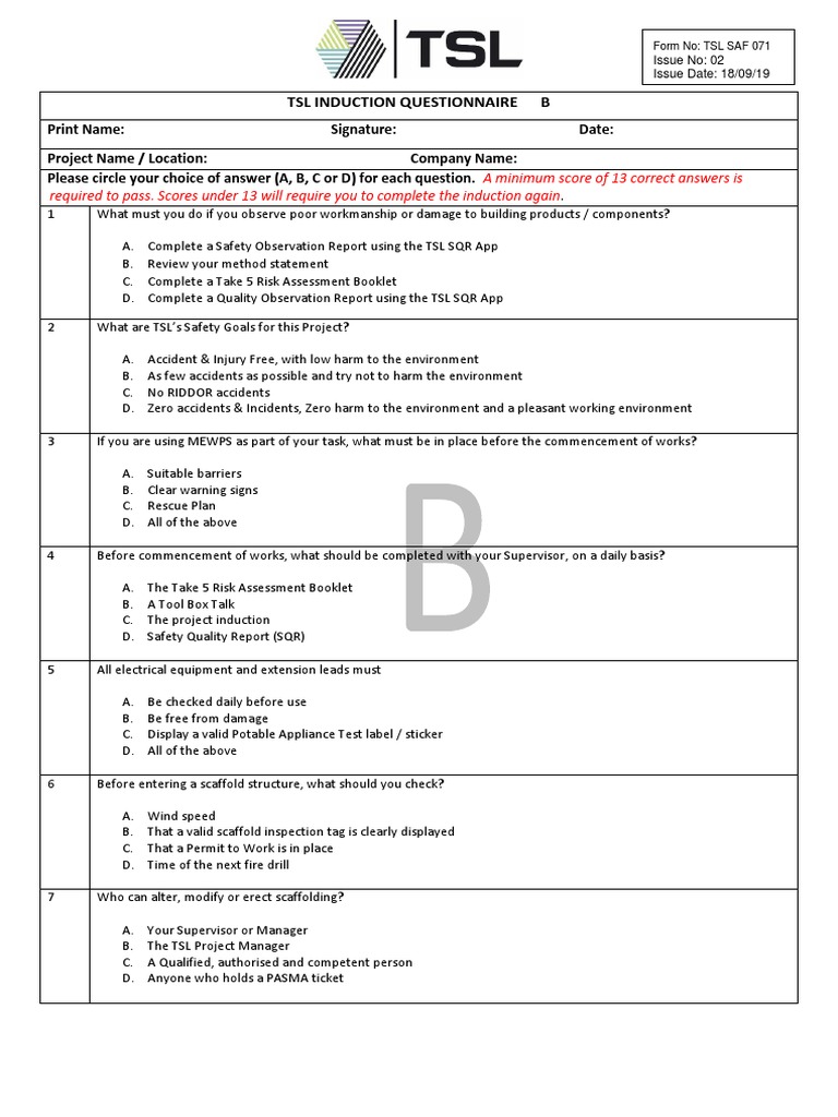 TSL Induction Questionnaire and Answers | PDF | Personal Protective ...