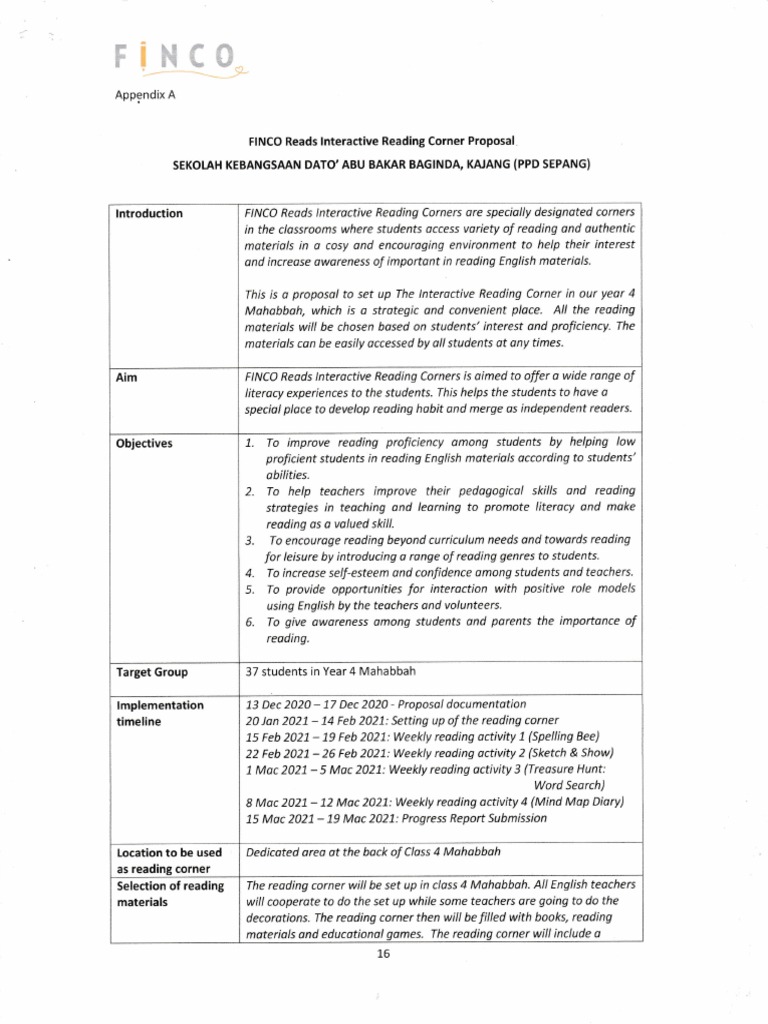 Reading Corner Proposal Pdf Behavior Modification Learning