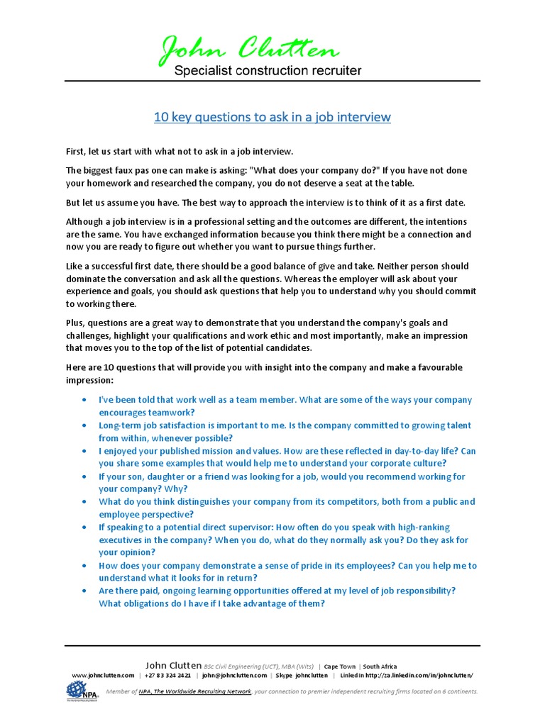 10 Key Questions To Ask in A Job Interview | PDF | Job Interview ...