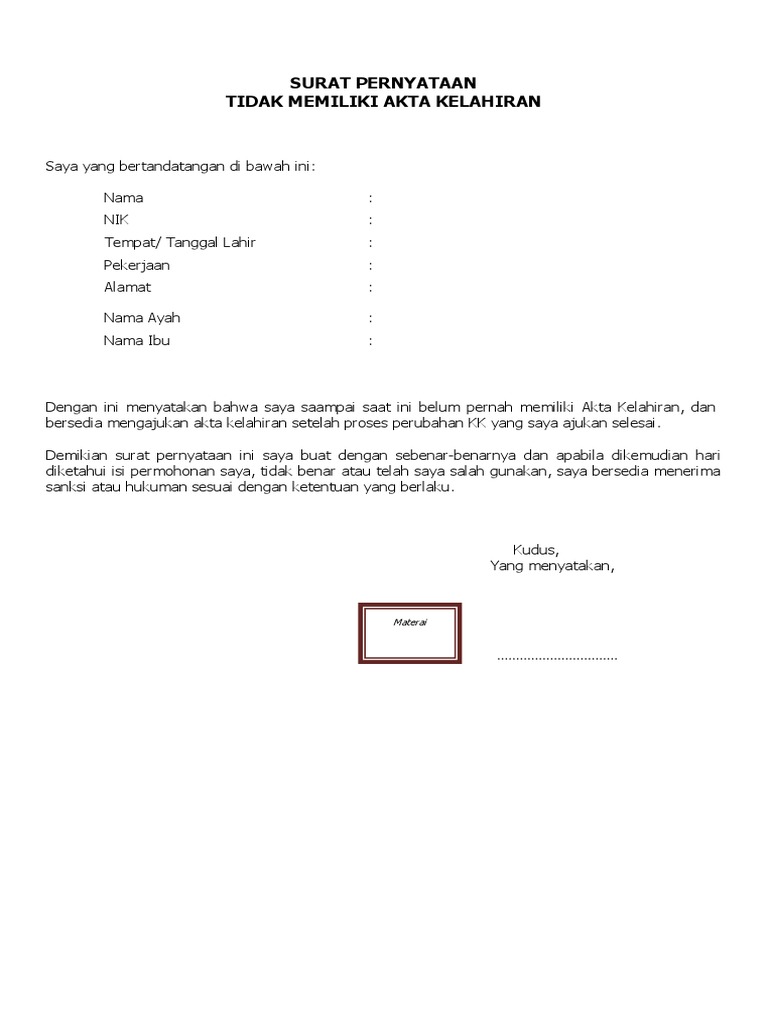 7587 Surat Pernyataan Belum Memiliki Akta Kelahiran Pdf