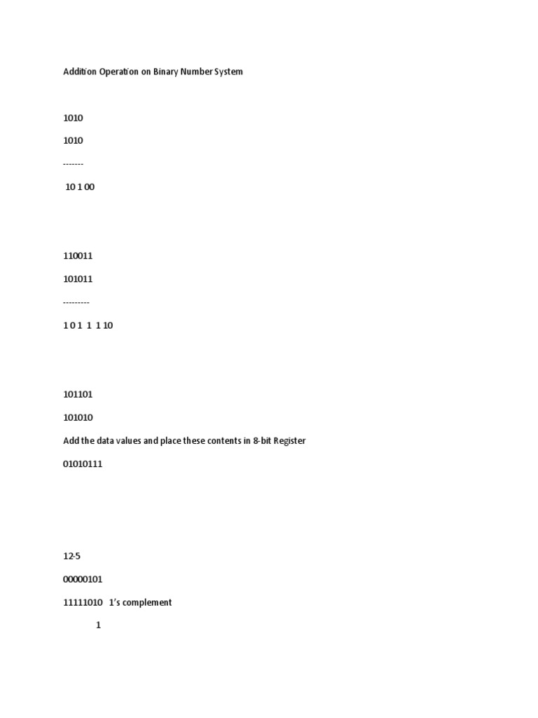 Addition Operation On Binary Number System | PDF