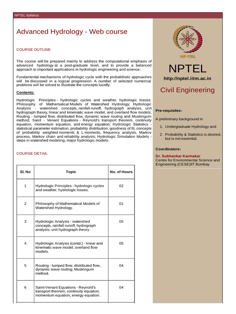 NPTEL Course Outline PDF Hydrology Fluid Dynamics