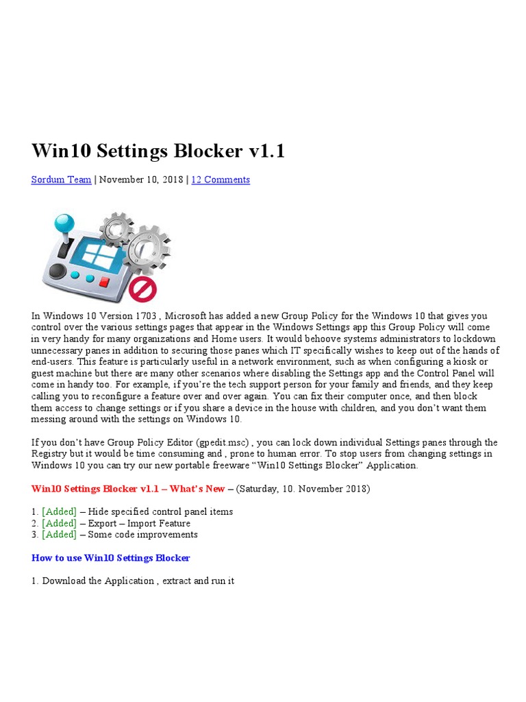 Win10 Settings Blocker Overview | PDF | Windows 10 | Group Policy