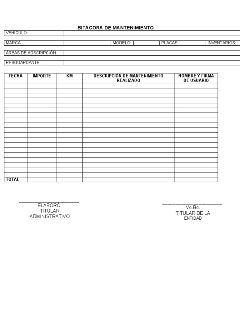 Formato Bitacora De Mantenimiento De Vehiculos Pdf 