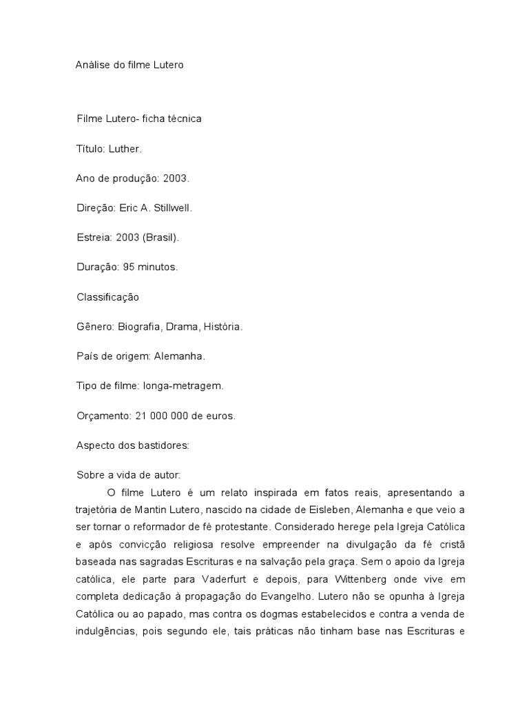 Análise do Filme Lutero: Reformas e Conflitos | PDF | Martinho Lutero ...