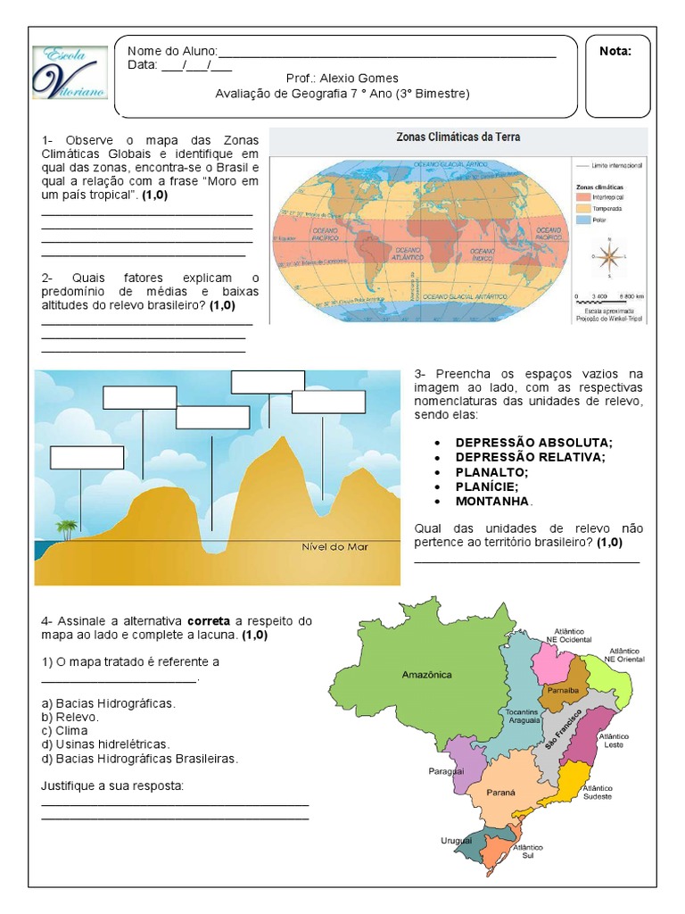 Avaliação 7° ano (3° bimestre) PDF | PDF | Brasil | Clima