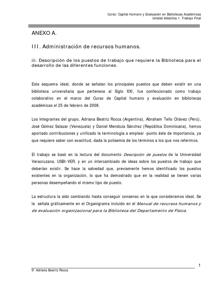 ROCCA, Adriana - Descripcion de Puestos - Anexo A | PDF | Catalogación ...