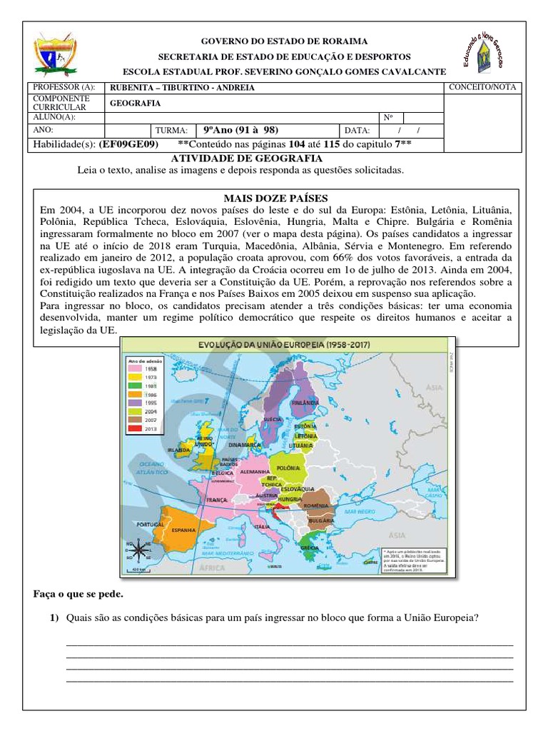 Atividade sobre a União Europeia - 9º Ano | PDF | União Europeia | Europa