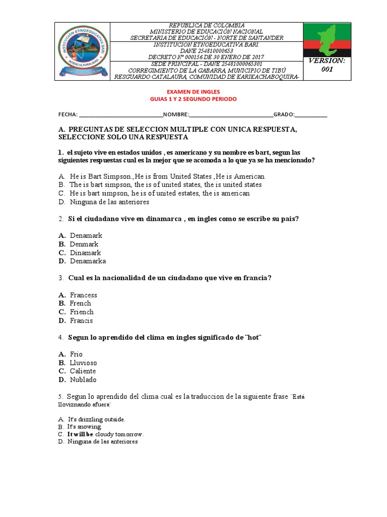 Examen de inglés para sexto grado | PDF