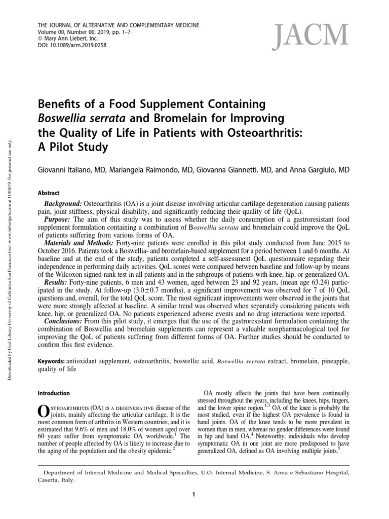 Benefits of A Food Supplement Containing Boswellia Serrata and