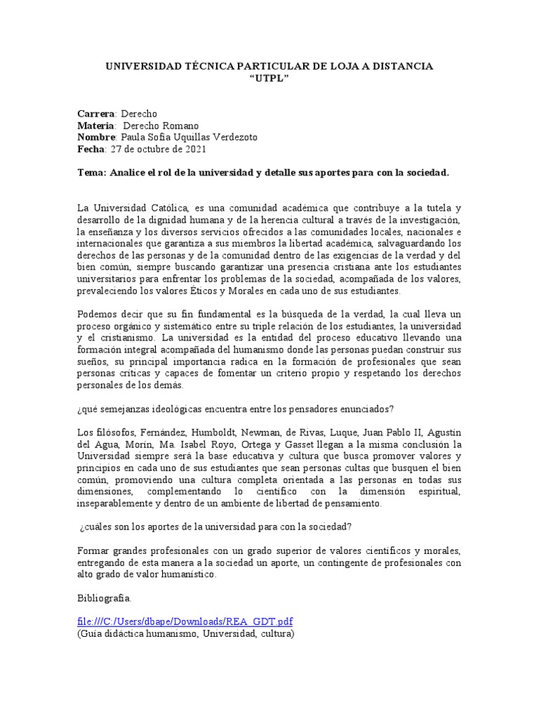 Analice El Rol de La Universidad y Detalle Sus Aportes para Con La ...