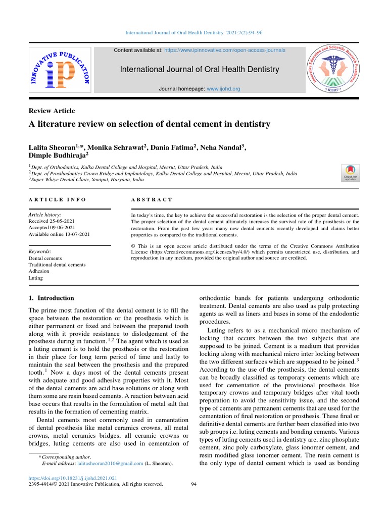 A Literature Review On Selection of Dental Cement in Dentistry | PDF ...
