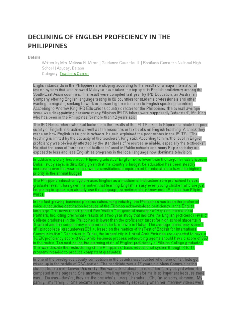 Declining English Proficiency in the Philippines | PDF | International ...