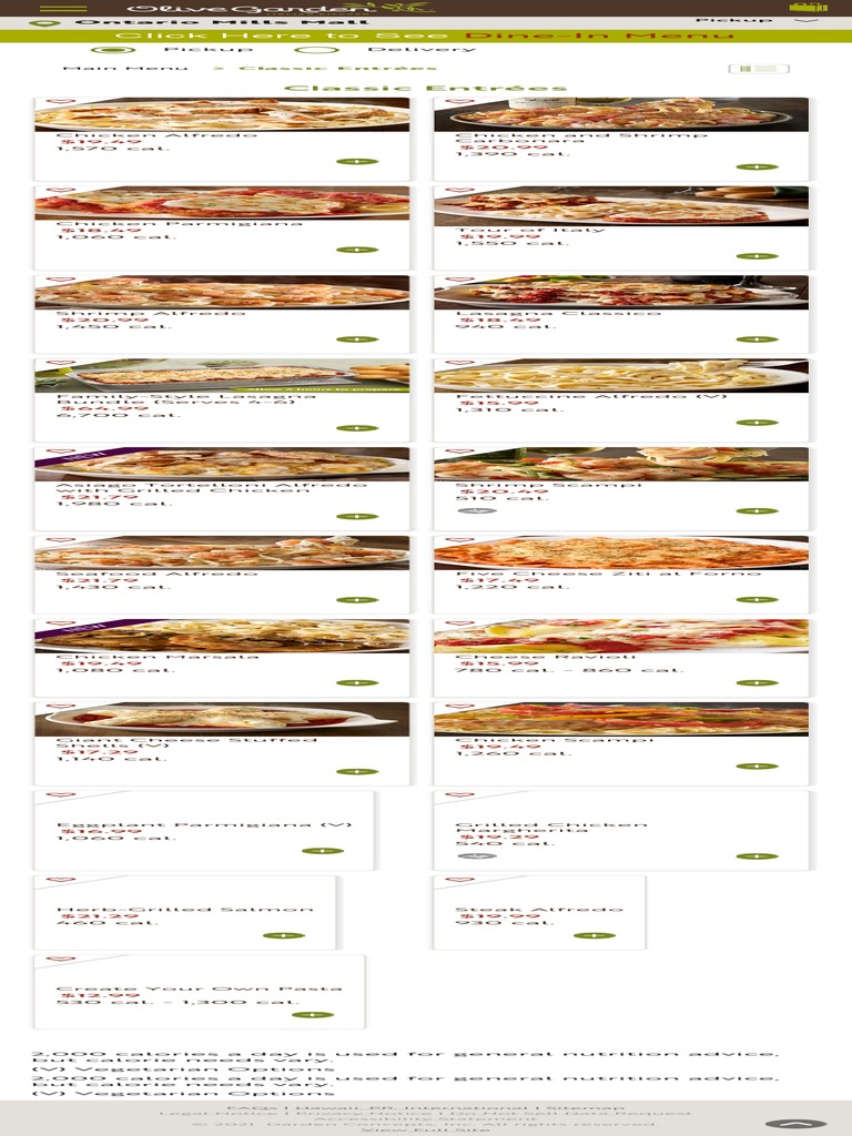 Classic Entrées Menu Item List Olive Garden Italian Restaurant PDF