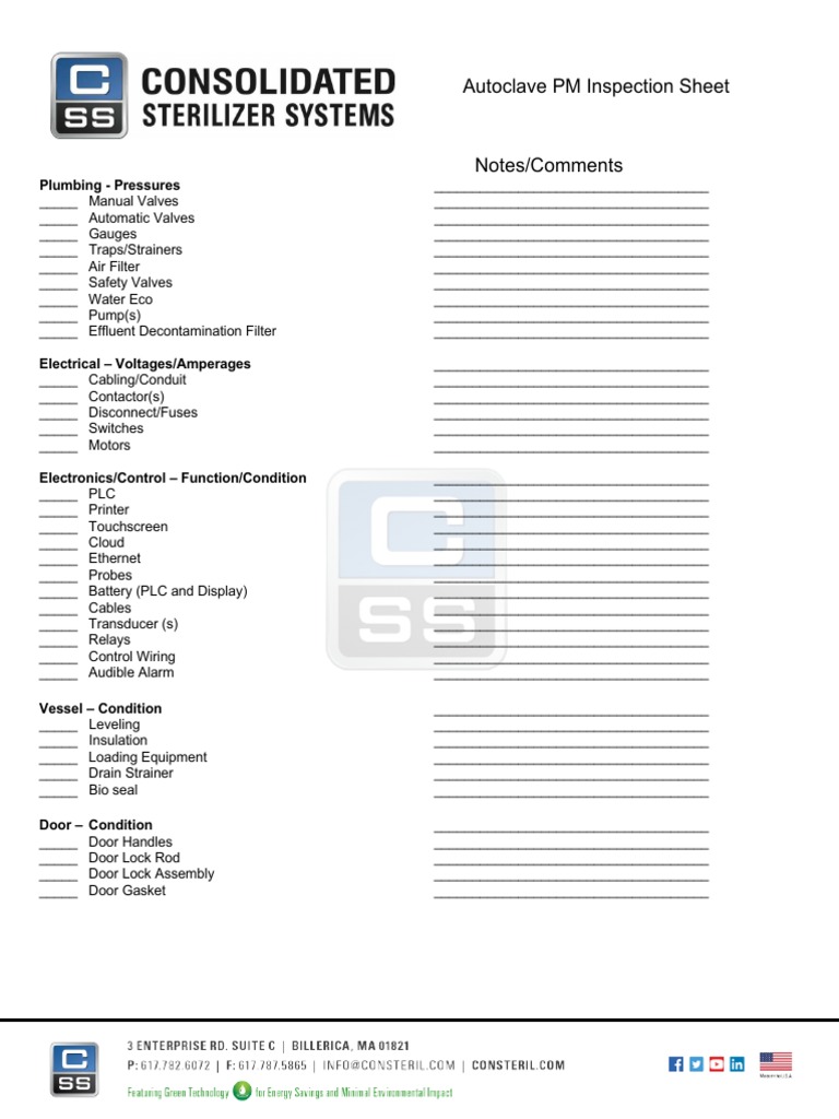 Autoclave PM Inspection Sheet Plumbing Pressures PDF Valve Switch