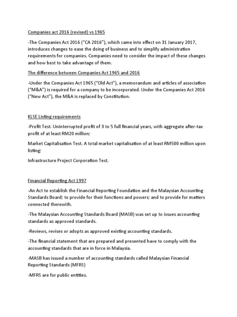 Companies Act 2016 vs 1965: Key Changes | PDF | Business | Finance ...