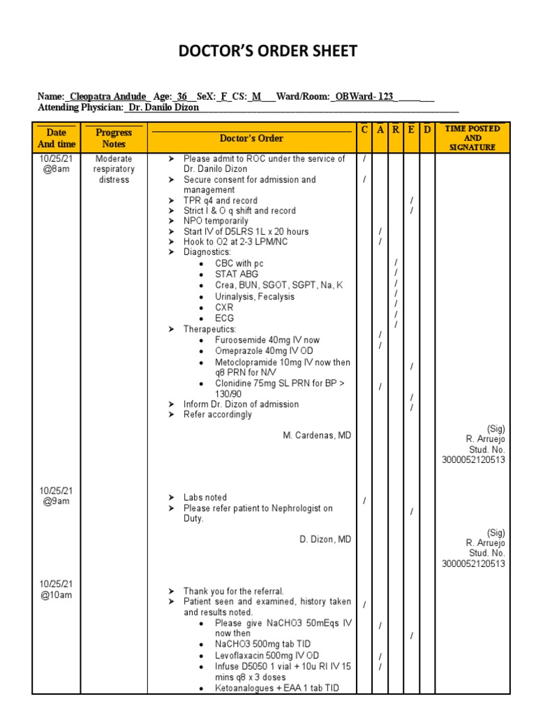 Doctor's order sheet for Cleopatra Andude | PDF | Nephrology | Internal ...