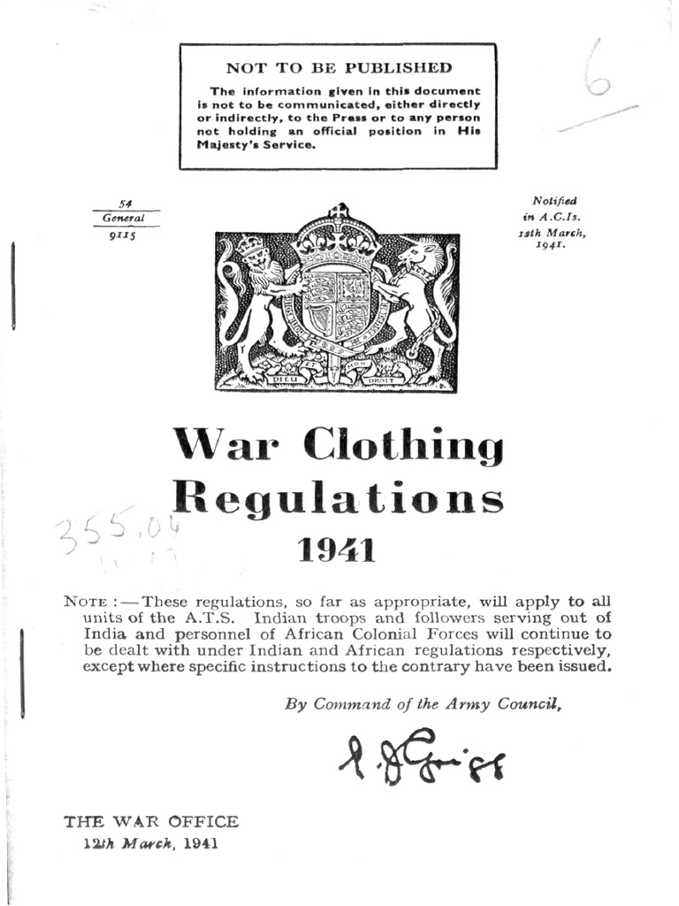 1941 War Clothing Regulations PDF Regiment Clothing