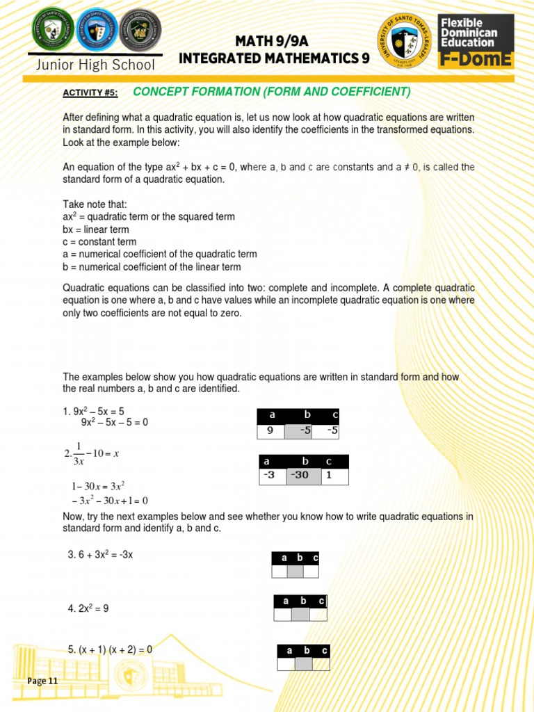 Concept Formation (Form and Coefficient) | PDF | Equations | Quadratic ...