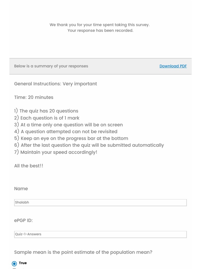 Quiz 1 Answers PDF Standard Error Standard Deviation