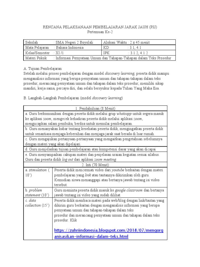 RPP PJJ Bahasa Indonesia Kelas XI | PDF