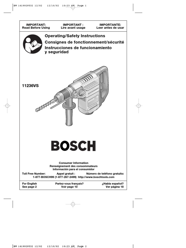 Bosch 11236VS 7.5 Amp 11/8Inch SDS Rotary Hammer Product Manual PDF Switch Ac Power