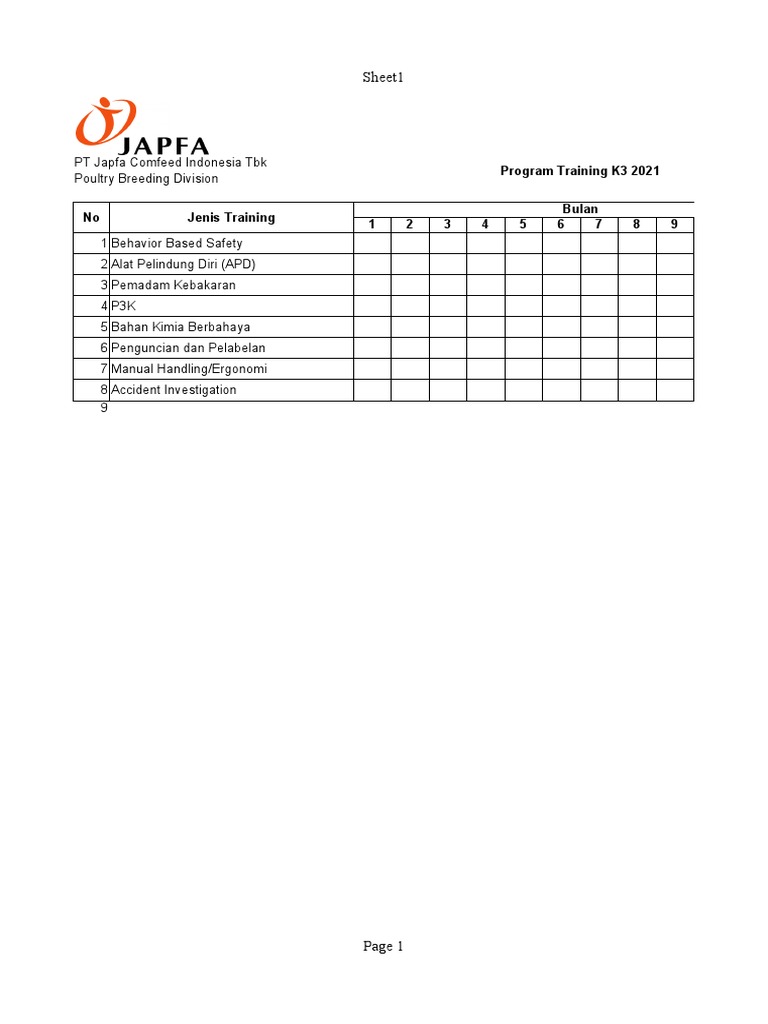 Sheet1: Program Training K3 2021 Bulan 1 2 3 4 5 6 7 8 9 | PDF