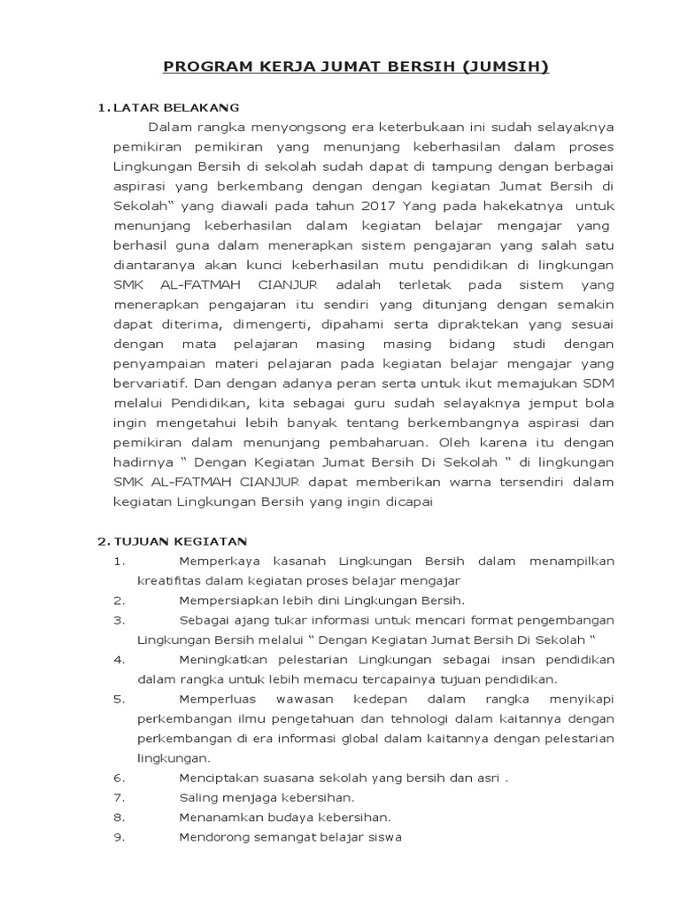 Program Kerja Jumat Bersih di Sekolah | PDF | Karier & Perkembangan ...