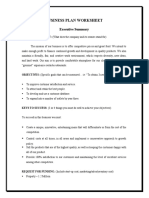 Business Plan Worksheet: Executive Summary