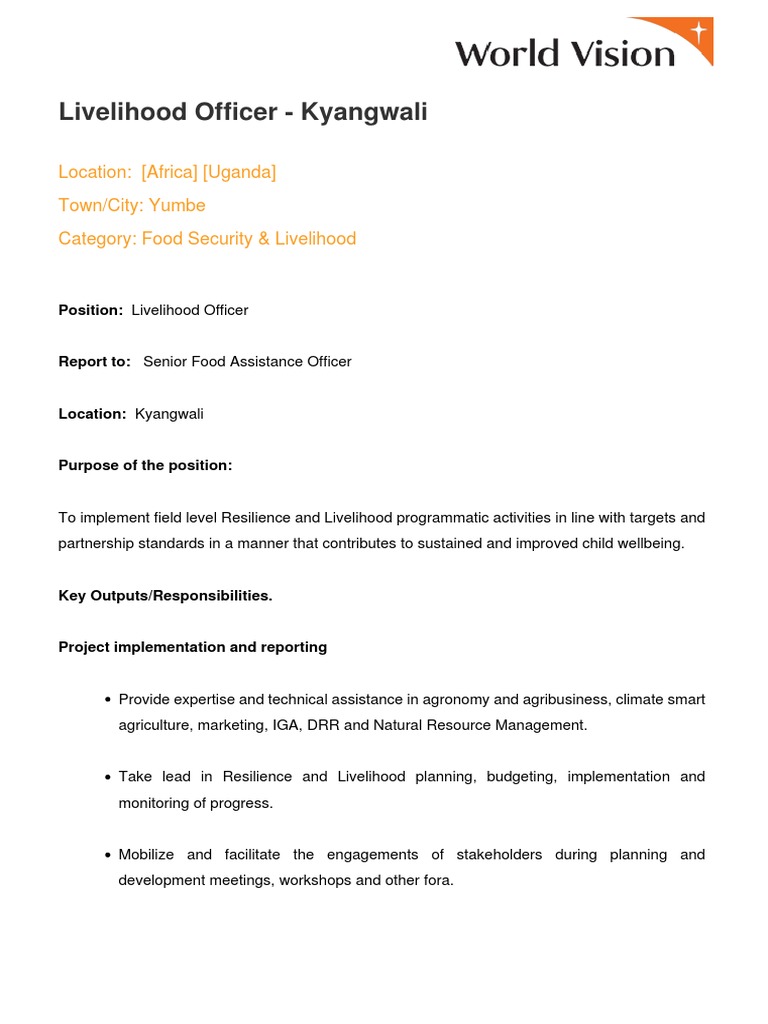 Job Details Livelihood Officer - Kyangwali 10209 | PDF | Child ...