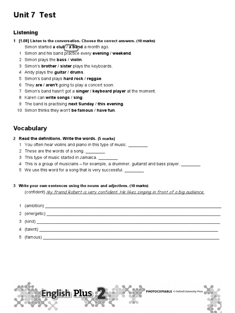 English Plus Unit 7 Test | PDF | Vocabulary | Word