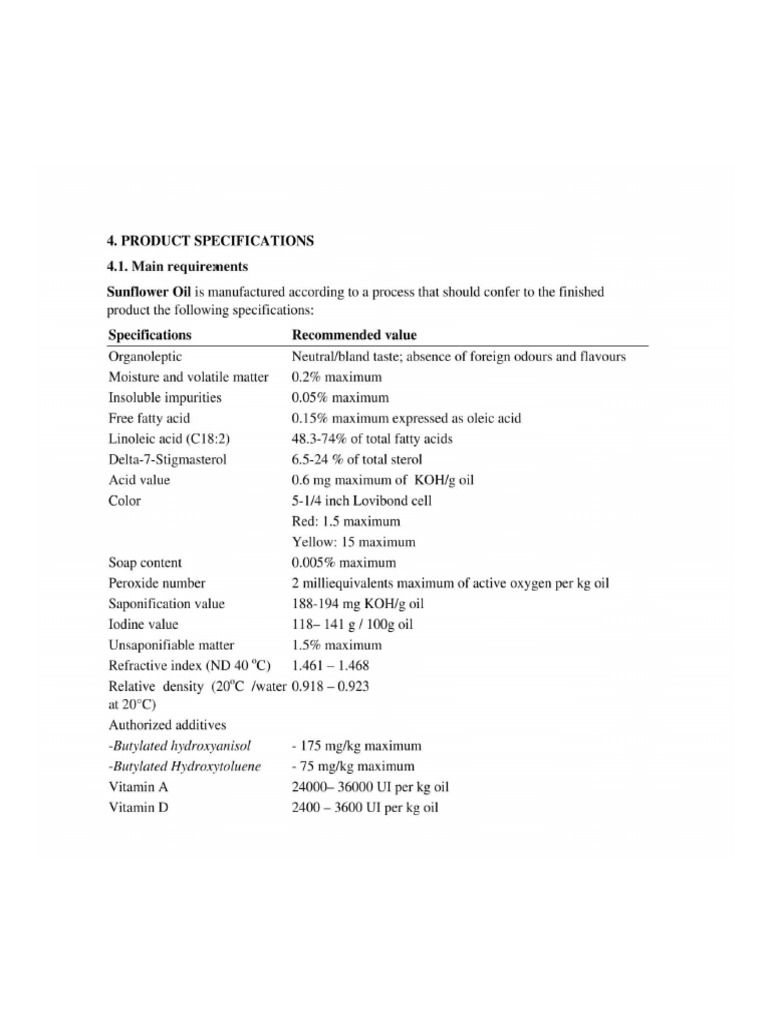 Sunflower Oil Specifications PDF