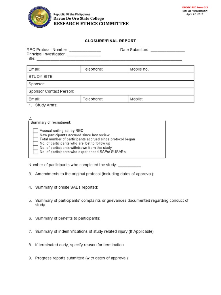 DDOSC Research Ethics Closure Report | PDF | Justice | Crime & Violence